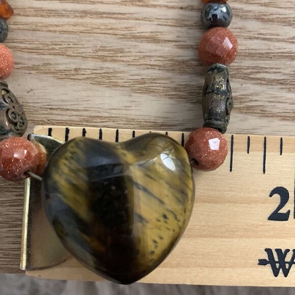Handmade Tigers Eye-Goldstone-Hematite  Heart Necklace - Picture 8 of 11